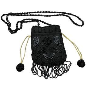 Beaded Crossbody Mini Satchel Black Gold‎ Y2K 90s Festival Boho Drawstring Retro